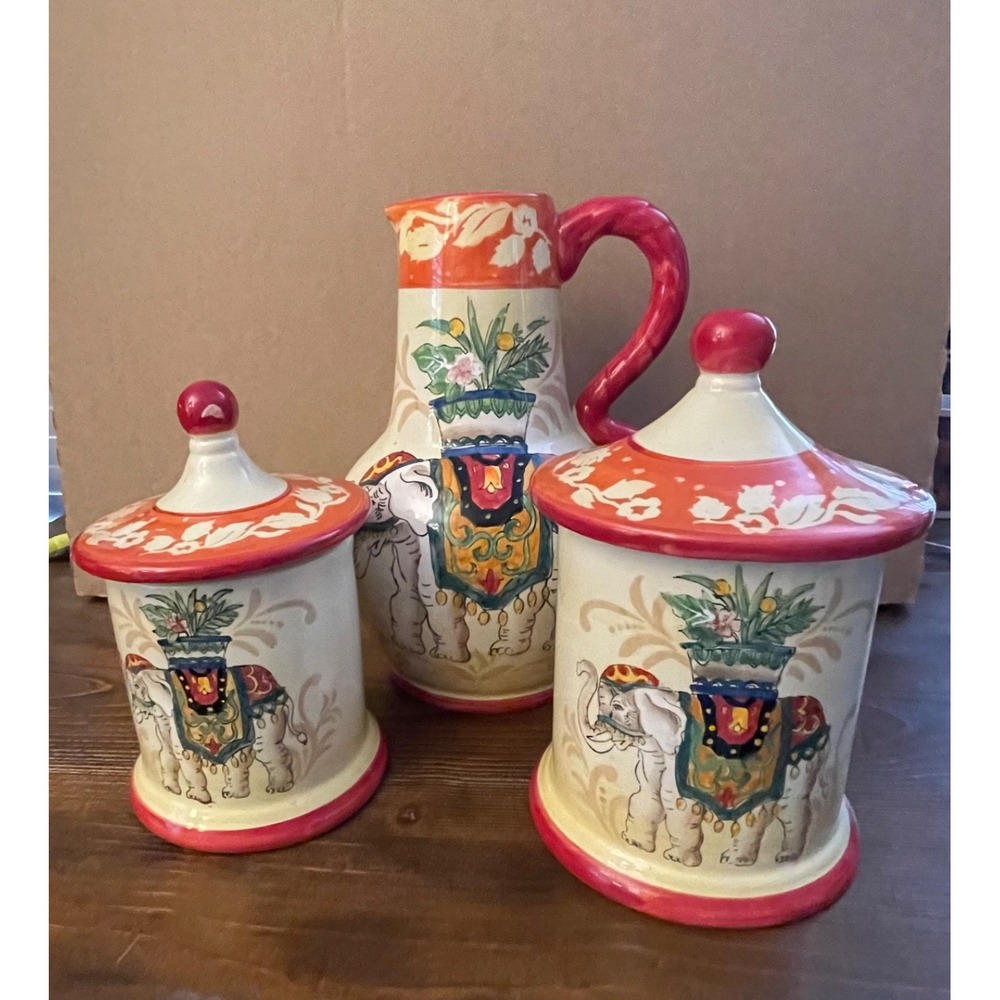 VTG West Indies Orange Elephant Ceramic Pitcher & Canisters Set 3pc Hand Painted